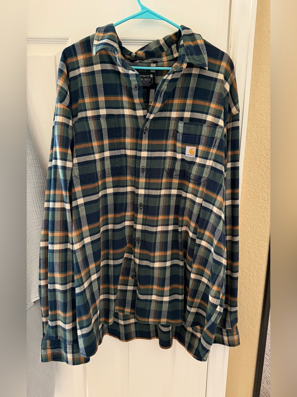Carhartt Men's Navy, Green & Tan Plaid Button-Down Shirt